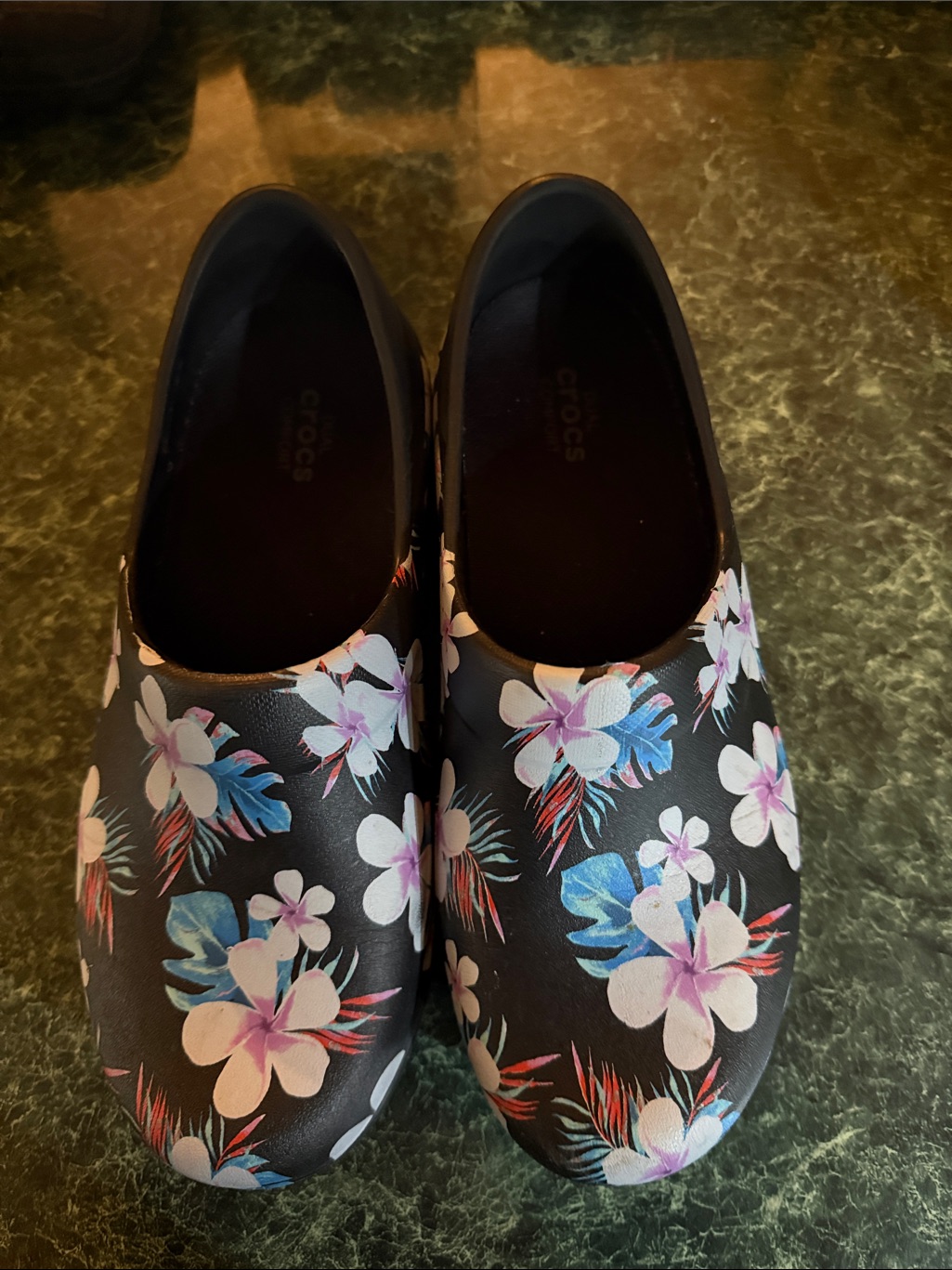 Crocs Black Floral Slip-On Clogs With Pink & Blue Accents